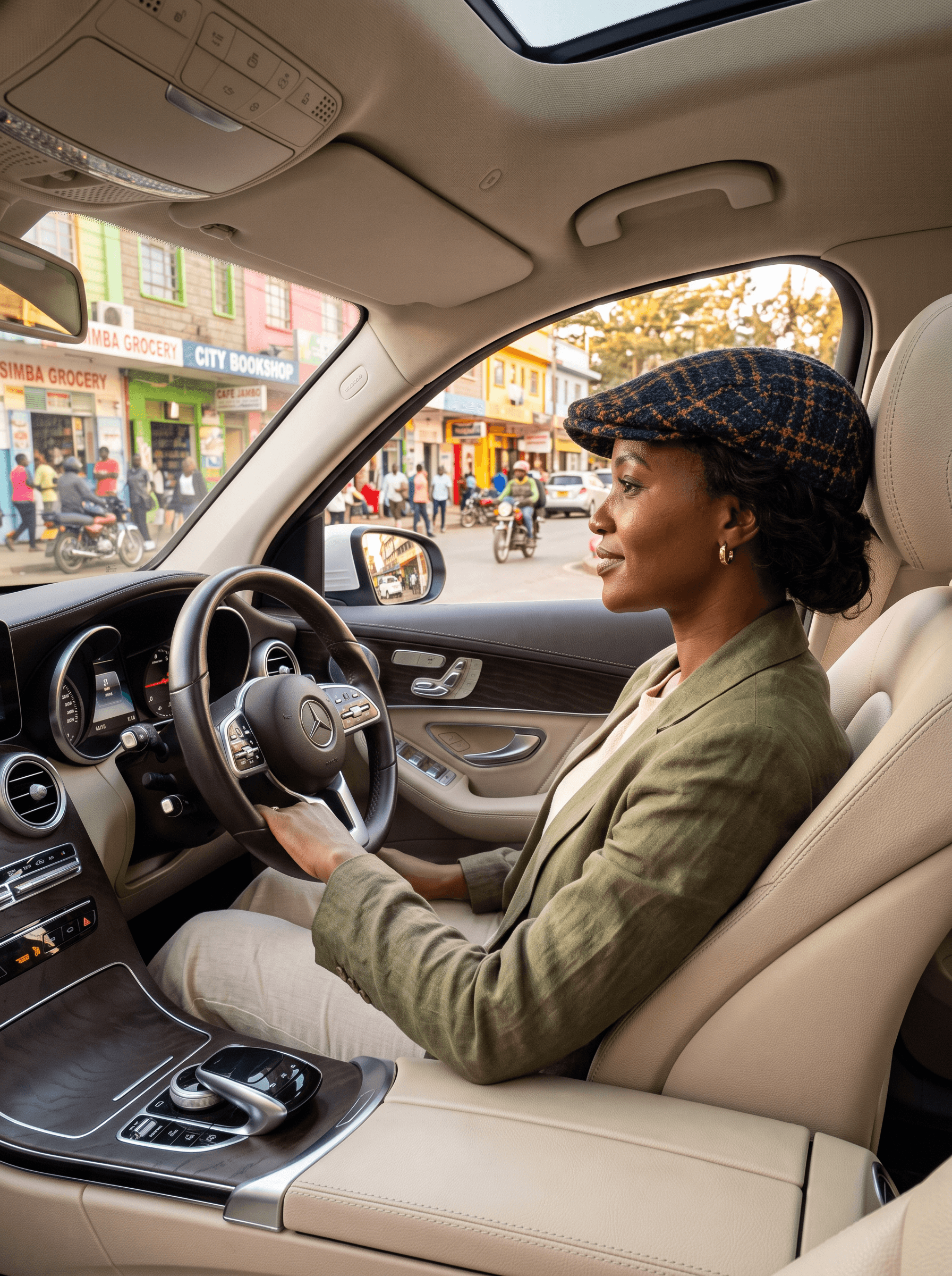 Conductrice souriante adossée à sa voiture