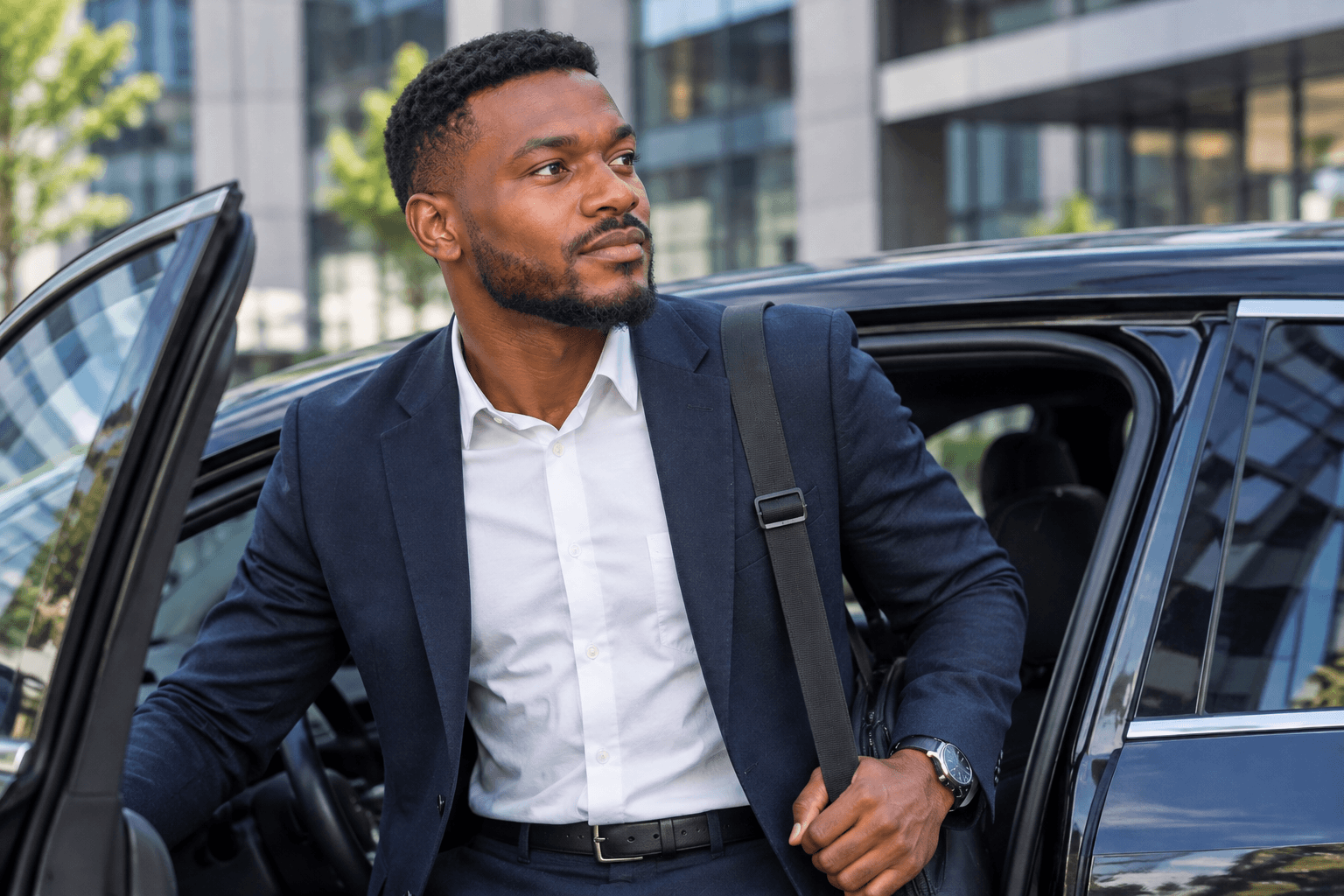 Jeune actif qui monte dans une voiture le matin